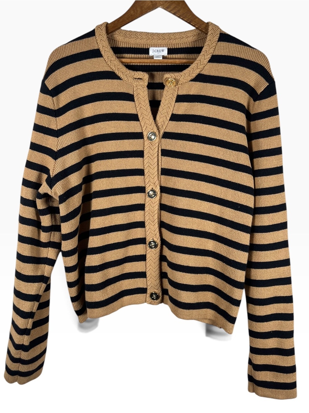 J.Crew Striped Cotton Lady Jacket Cardigan Camel Black XL Old Money Quiet Luxury